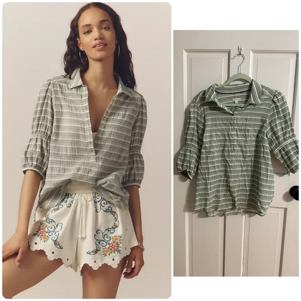 NWT Anthropologie Pilcro Green Plaid Button Front Shirt Effortless Top - Picture 2 of 13